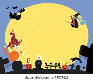 cute flat vector happy Halloween a witch ride a magic bloom, flying over the full moon with cat and bat, copy space for text, note, banner, background printable