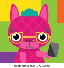Cute flat vector hipster dog bunny character wearing glasses and holding a cellphone