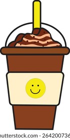 Cute Flat Vector of Iced Chocolate Drink with Whipped Cream and Smiley Cup Label for Menu, Branding, and Café Design