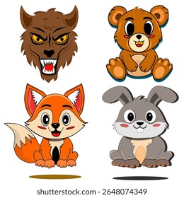 A cute flat vector icon set featuring forest animals: a wolf, bear, fox, and bunny. Perfect for kids' books, educational apps, games, or animal-themed print designs.