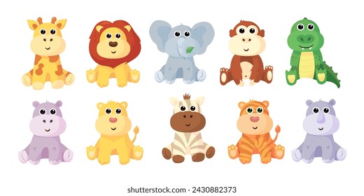 Cute flat vector illustration with African animalsand plants: giraffe,crocodile,monkey, lion,tiger,zebra,rhinoceros,elephant,hippopotamus.
