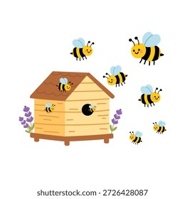 Linda Ilustración vectorial plana de una colmena con abejas voladoras. Concepto de producción de miel y apicultura para la naturaleza, la ecología, la agricultura y el diseño de productos orgánicos.