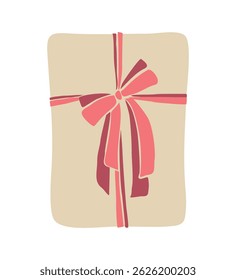 Cute flat vector illustration of a beige gift box with pink ribbon and bow. Perfect for holiday cards, invitations, packaging design, birthday themes, and festive decorations.