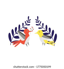 Cute flat vector illustration of birds surrounded by leaves. Charming illustration for t-shirt print design.