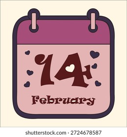 Linda Ilustración vectorial plana de un calendario que muestra el 14 de febrero con decoraciones de corazón. Tema romántico del día de San Valentín en colores pastel rosa suave y púrpura, estilo doodle dibujado a mano con contornos limpios. Diseño de San Valentín, recordatorio de amor, tarjeta de felicitación, cartel, pegatina, gráfico de redes sociales.