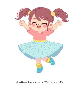 A cute flat vector illustration of a cheerful young girl with pigtails, jumping and raising her arms joyfully
