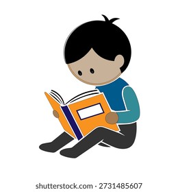 Cute flat vector illustration of a child reading a book, simple cartoon style, educational concept, isolated on white background, perfect for learning, school, kids education design