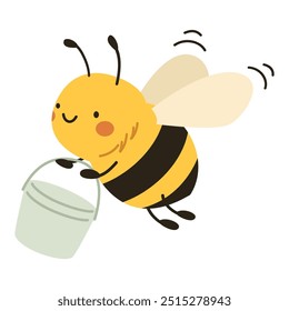Cute flat vector illustration in children's style. Cute bee collecting honey in a bucket