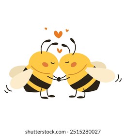 Cute flat vector illustration in children's style. Two cute bees holding hands and loving each other 