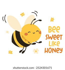 Cute flat vector illustration in children's style. Cute happy bee. Cute bee with inscription