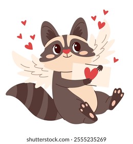 Cute  flat vector illustration with cupid raccoon in a simple children's style for Valentine's Day.  Season stickers with  wings, hearts. Vector illustration isolated on white