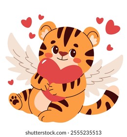 Cute  flat vector illustration with cupid tiger in a simple children's style for Valentine's Day.  Season stickers with  wings, hearts. Vector illustration isolated on white