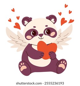 Cute  flat vector illustration with cupid panda bear in a simple children's style for Valentine's Day.  Season stickers with  wings, hearts. Vector illustration isolated on white