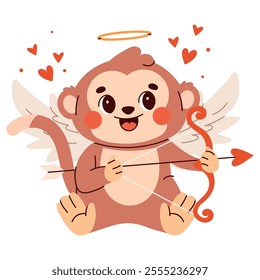 Cute  flat vector illustration with cupid monkey in a simple children's style for Valentine's Day.  Season stickers with  wings, hearts. Vector illustration isolated on white