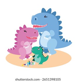 A cute flat vector illustration depicting a happy T-Rex dinosaur family with mom, dad, and baby playing with colorful toys 