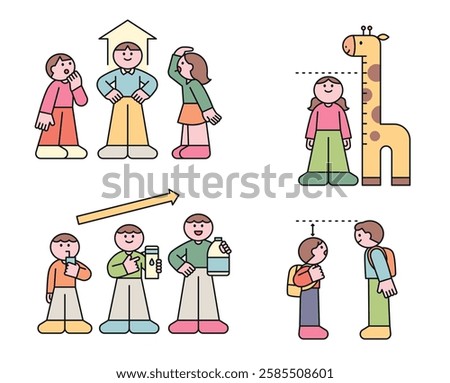 A cute flat vector illustration depicting children comparing height, measuring growth, and learning about development. 