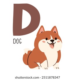 Cute flat vector illustration. Cute dog and letter D. Animals and letters of alphabet 