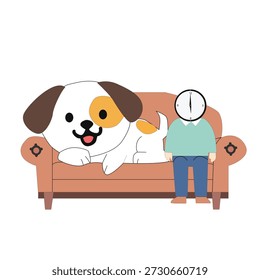 Cute flat vector illustration of a dog relaxing on a sofa with its owner, perfect for pet and lifestyle themes.