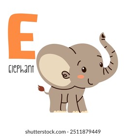 Cute flat vector illustration. Cute elephant and letter E. Animals and letters of alphabet 