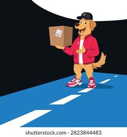 Cute flat vector illustration featuring a smiling golden retriever courier carrying a parcel package while wearing a bright red delivery jacket. Ideal for delivery companies, e-commerce, logistics services, websites, mobile applications, packaging, social media, presentations, and marketing materials.