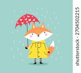 Cute flat vector illustration. A cute fox cub in a yellow raincoat stands in the rain with an umbrella with hearts on it.
