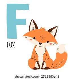 Cute flat vector illustration. Cute fox and letter F. Animals and letters of alphabet 