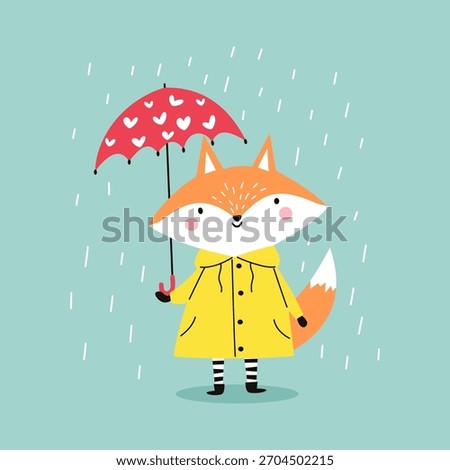 Cute flat vector illustration. A cute fox cub in a yellow raincoat stands in the rain with an umbrella with hearts on it.