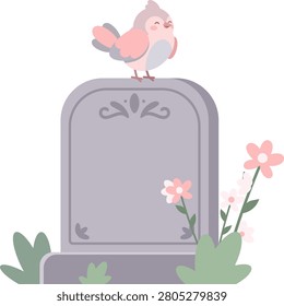 Cute flat vector illustration of a friendly little bird sitting on a blank grey tombstone with pink flowers and grass. Halloween cemetery concept with copy space for text