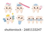 Cute flat vector illustration of a funny cartoon tooth character with toothbrush and toothpaste. Perfect for children’s dentistry, dental care materials, and educational designs.