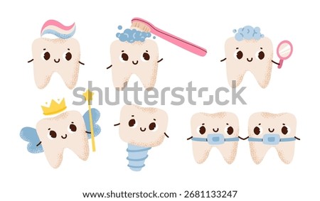 Cute flat vector illustration of a funny cartoon tooth character with toothbrush and toothpaste. Perfect for children’s dentistry, dental care materials, and educational designs.