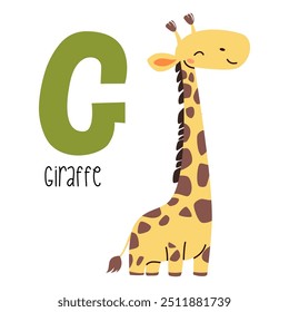 Cute flat vector illustration. Cute giraffe and letter G. Animals and letters of alphabet 