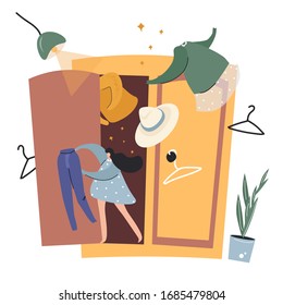 
Cute flat vector illustration with a girl and a wardrobe about spring clutter