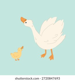 Cute flat vector illustration of a goose and a gosling. Simple shapes and friendly characters in a child-friendly style, isolated on a white background. Perfect for kids’ designs, nursery decor, farm themes, stickers, and educational materials.