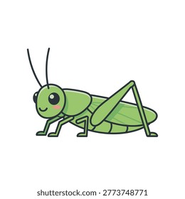 Cute flat vector illustration of a green grasshopper in side view, with long antennae and folded hind legs, designed with bold outlines and simple shapes on isolated background
