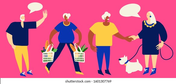 Cute Flat Vector Illustration Of Group Of Elderly People Talk And Socialize Together. Old Men And Women Women Lead Healthy Active Life Style, Go Shopping, Walk With Dog, Make Friends At Senior Age