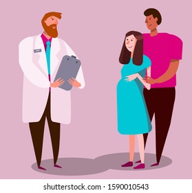 Cute Flat Vector Illustration Of Happy Young Married Couple Of Husband And Pregnant Wife Visiting Doctor. Doctor Examines Expecting Mother. Intercultural Relationship At Maternity Hospital