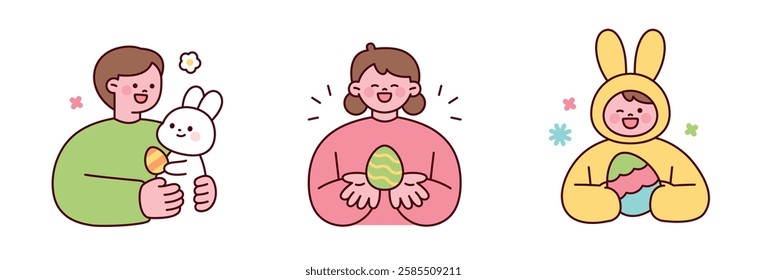 A cute flat vector illustration of happy children celebrating Easter with decorated eggs and a bunny costume. Designed in a pastel and minimal style, perfect for Easter-themed projects