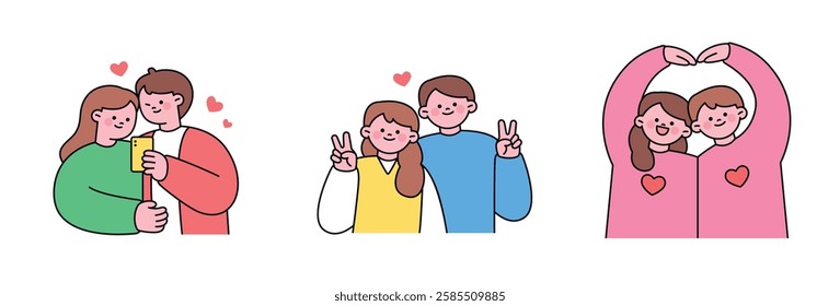 A cute flat vector illustration of a happy couple taking a selfie, making heart shapes, and sharing joyful moments. Designed in a pastel and minimal style, perfect for themes related to love