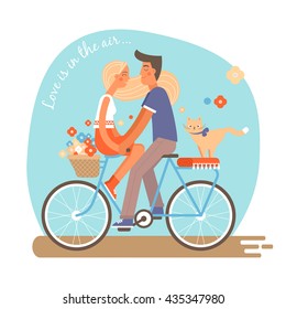 Cute flat vector illustration of happy young man, woman and a cat riding bicycle. 