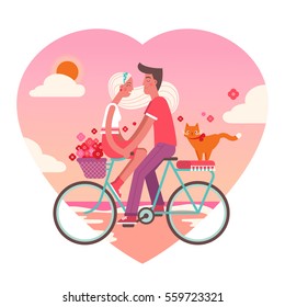 Cute flat vector illustration of happy young man, woman and a cat riding bicycle.