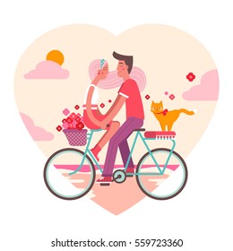 Cute flat vector illustration of happy young man, woman and a cat riding bicycle. 