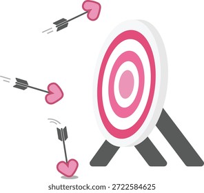 Ilustração de vetor plano bonito de um alvo de tiro com arco em forma de coração com setas voando e atingindo o alvo. Design de conceito romântico simbolizando amor, objetivo, precisão e sucesso. Perfeito para temas do Dia dos Namorados.