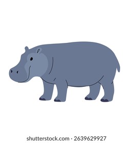 Cute flat vector illustration of a hippopotamus in a soft grayish blue tone. Simple and friendly design, ideal for childrens books, safari themes, or educational materials. Vector illustration