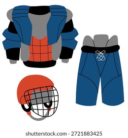 Niedliche flache Vektorgrafik von Hockey-Ausrüstung-Set einschließlich Helm, Schutzpolster und Uniform. Perfekt für Sport, Kindererziehung, Winteraktivität und Trainingsdesign.