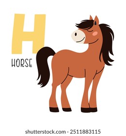 Cute flat vector illustration. Cute horse and letter H. Animals and letters of alphabet 