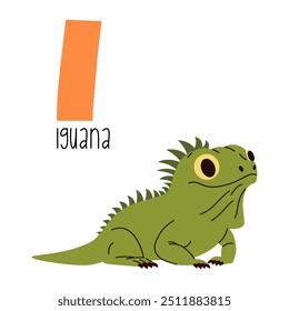 Linda Ilustración vectorial plana. Iguana linda y letra I. Animales y letras del alfabeto 