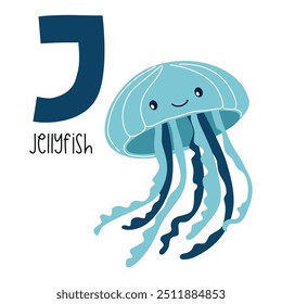 Cute flat vector illustration. Cute jellyfish and letter J. Animals and letters of alphabet 