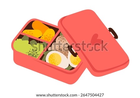 Cute flat vector illustration of a kids lunchbox with healthy food. School meal prep, eco-lifestyle, and zero waste inspiration. School lunch prep, bento box, vegetables, snacks.