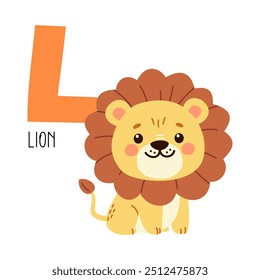 Linda Ilustración vectorial plana. León lindo y letra L. Animales y letras del alfabeto 