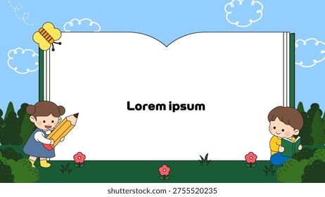 Cute flat vector illustration of a little girl holding a pencil and a boy reading a book in front of a giant open book providing copy space in a nature park setting.